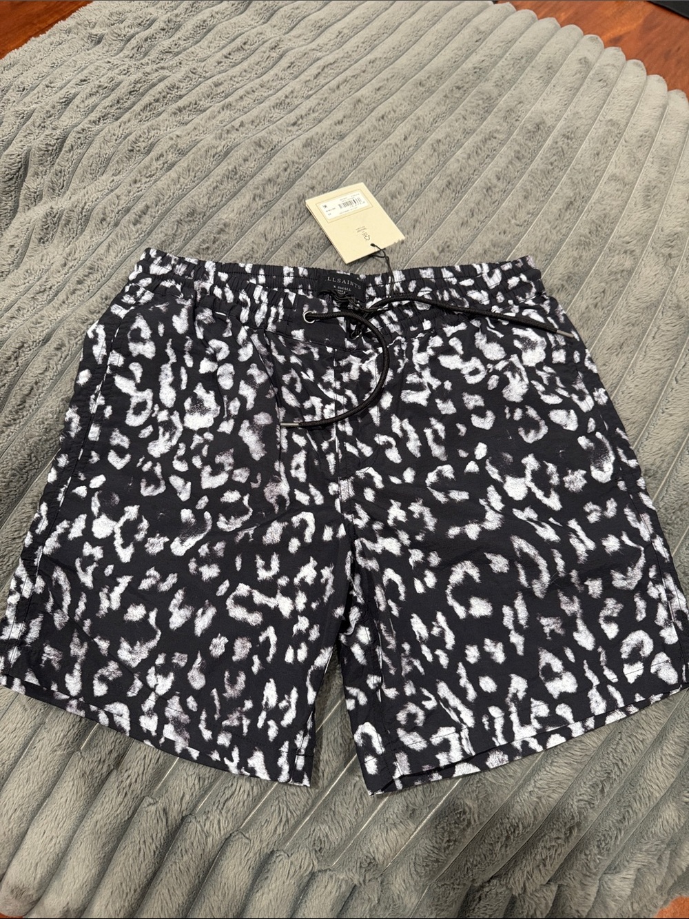 All Saints Black and White Leopard Print Athletic Shorts